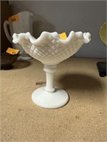 VTG MILK GLASS DIAMOND QUILTED COMPOTE