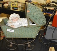 Antique Wicker Doll Baby Stroller