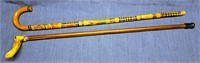 HAND CARVED WOOD WALKING CANE & HICKORY CANE