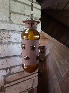 Vintage Wrought Iron & Amber Glass Light