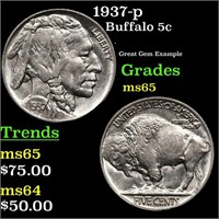 1937-p Buffalo Nickel 5c Grades GEM Unc
