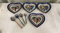 Set of 4 Unikat Polish Stoneware Pottery Heart