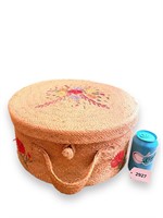 Vintage Woven Straw Hat Box Handles Floral