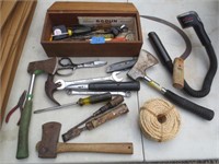 Hatchets, tools in small wooden box