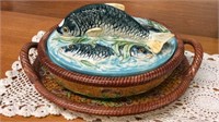 MAJOLICA COVERED FISH DISH AND UNDER TRAY WITH