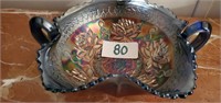 Lotus flower carnival glass handled bowl 7 in