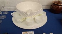 MILK GLASS PUNCH BOWL, LADLE, TORTE PLATE AND CUPS