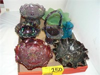 FLAT WITH CARNIVAL GLASS (FENTON, GLASS BASKET,