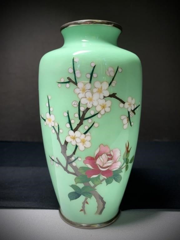 Cloisonné Jadeite Green Japan Vase Sato Lovely