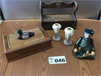 DUCK BOX, CANDLE STICKS, MISC
