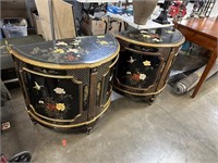 2PC FINE CHINESE LACQUER DEMILUNE COMMODE CABINETS