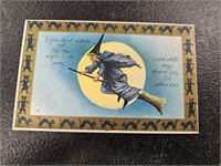 Antique No. 142 Embossed Flying Witch Postcard-