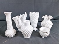 Assorted Hobnail Milk Glass Vases and Kettle
