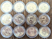 Twelve uncirculated US Presidential Dollar coins