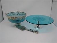 Blue Glass Bowl And Cake Stand
