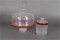 Vtg Ruby Red Flash Band Biscuit Jar, Cake Stand