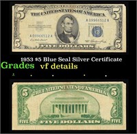 1953 $5 Blue Seal Silver Certificate Grades vf det