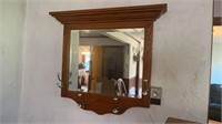 Oak framed mirror w/ 4 hat hooks