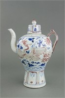 Chinese Blue&White w/ Copper Red Porcelain Teapot