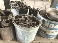 Metal buckets & cans of bolts & parts