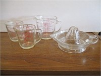 3 Pyrex Measuring Cups & Crystal Juice Reamer