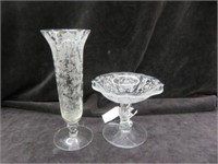 PAIR OF ROSE POINT CAMBRIDGE VASE AND ETCHED