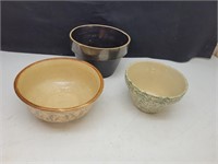 3 Crock Stoneware Bowls, 1 chip 8 to 10" w