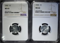 2 - 1943 STEEL CENTS NGC MS65 & MS66