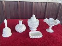 Fenton hobnail covered dish and misc
