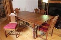 Vtg. Jacobean Oak Dining Table & 5 Chairs