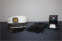 Nautical hat, 7-14" leather gloves and field