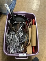 Totes w/utensils, frying pans, kitchenware.