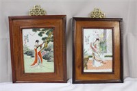 Two vintage Asian framed porcelain painted tiles,
