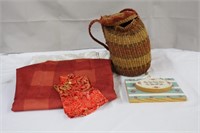 Jute covered 11"H basket, two tablecloths, wood