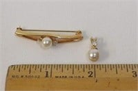 Faux Pearl & CZ Bar Pin with Matching Pendant