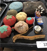 Vintage Pin Cushions, Tape Measure, Stick Pins.