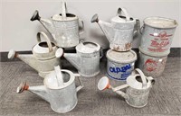 6 galvanized watering cans & 3 metal minnow