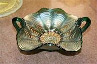 Carnival Glass double handled green peacock tail