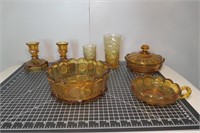 (5) Fostoria Amber Coin Glass Items & Glasses