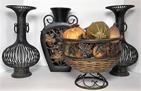 Metal Bowl & Vases & Faux Fruit