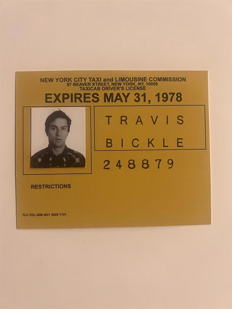 Taxi Driver Travis Bickle drivers license ID prop