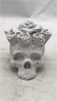 Concrete Skull W/ Roses Figure - Painted White