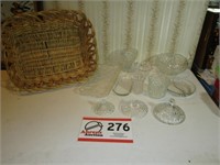Glass Serving Pieces (10), Plastic Tray & Basket