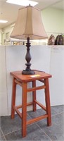 WOODEN STOOL; TABLE LAMP