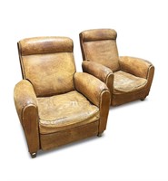 Pair French Leather Armchairs,