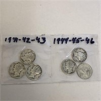 SILVER Mercury Dime LOT x 6 1941-46