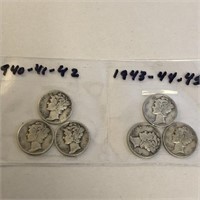 SILVER Mercury Dime LOT x 6 1940-45