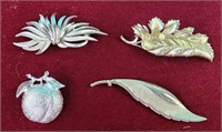 Leaf brooch, peach silvertone brooch, feather