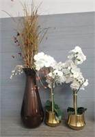 (2) Faux Orchid Plants & Grass Filler in Vase