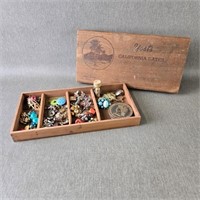 Box of Costume Jewelry with Earrings, Buttons, Pin